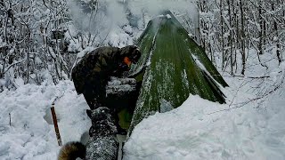 3 Days SOLO SURVIVAL CAMPING In DEEP SNOW  Winter Storm Bushcraft Hot Tent Camp  Stove Cooking [upl. by Rayna]