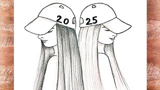 Besties drawing for 2025 Happy New Year 🎊 girls drawing with pencil [upl. by Kaitlyn866]