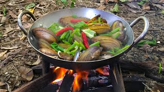 Hot and Spicy Clam Recipe  Finding Clam by the Stream  Cooking Clam in wild [upl. by Garratt]