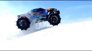 PADDLE TIRES 8S 30v ELECTRIC TRAXXAS XMAXX MONSTER TRUCK BASHING in DEEP SNOW  RC ADVENTURES [upl. by Willem]