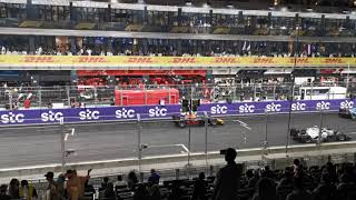 F2 Jeddah 2021  Feature Race Grid Lineup amp Pourchaire and Fittipaldi Crash from Main Grandstands [upl. by Asyal]