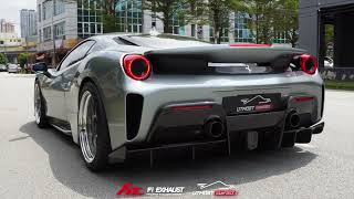 Ferrari 488 Pista FI Exhaust Catless Downpipe  Catback System TITANIUM W Powder Coated [upl. by Ieppet]