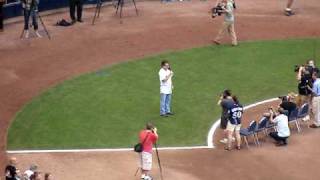 Anson Williams quotPotsie Weberquot singing the National Anthem at Brewers game [upl. by Enrobyalc]