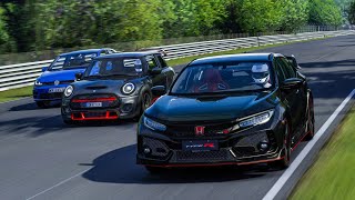 MINI John Cooper Works GP3 vs Golf R Civic TypeR amp Megane RS at Nürburgring  Assetto Corsa [upl. by Dotson]