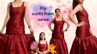 Diy princess line dress from saree  how to make sleeveless fitted princess line dress [upl. by Lissak540]