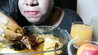 Doris asmr eating ogbono soup with pounded yam fufu and fruit [upl. by Sevein430]