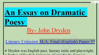 Literary Criticism M A Final year  An Essay on Dramatic Poesy By John Dryden In Hindi  Dryden [upl. by Devora]