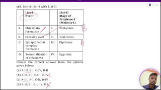 Match ListI with ListII ListI Event ListII Stage of ProphaseI MeiosisI A Chiasmata [upl. by Nillor561]