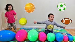 Learn Different Ball with Indoor Playtime Easter Egg Hunt  Toddlers Playing with Sport Toy Pillows [upl. by Niak879]