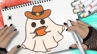 Comment dessiner un FANTÔME DANS UN CHAPEAU avec une tasse de café  DESSIN MIGNON DHALLOWEEN [upl. by Ahsauqram982]