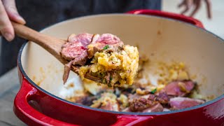 Dutch Oven Moulard Duck Breast Recipe with Potatoes Garlic Onion and Parsley  DUCKCHAR [upl. by Olrak]