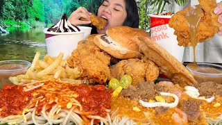 JOLLIBEE SUPER MEAL LOADED MUKBANG Chicken Palabok Spaghetti Burger Ice Cream PINOY MUKBANG [upl. by Darra47]