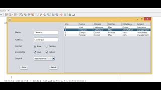 Display Selected Row Values From JTable Into JTextfields  radiobuttons  checkbox in Java [upl. by Marler]