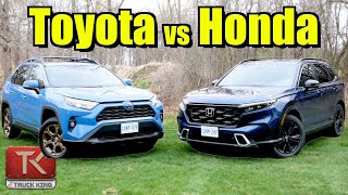 2023 Toyota RAV4 Hybrid vs Honda CRV Hybrid  Which FuelSipping Crossover is Best [upl. by Redna]