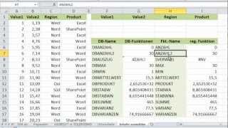 Excel  Zwölf DatenbankFunktionen  DBSUMME DBMITTELWERT DBAUSZUG etc [upl. by Licht958]