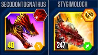 SECODONTOGNATHUS VS STYGIMOLOCH  JURASSIC WORLD THE GAME [upl. by Neibaf]