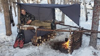 Winter Camping in Raised Bushcraft Shelter  Level 100 Campfire Cooking [upl. by Lepine732]