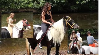 Amazing Moments Horse Swimming at Appleby Horse Fair Women Riders on Carriage Cart [upl. by Gabel]