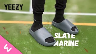 Yeezy Slide Slate Marine On Foot Review New Color way [upl. by Uaeb]