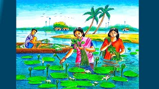 How to draw scenery of village women collect water lily step by stepShapla flower tolar drawing [upl. by Eceryt209]