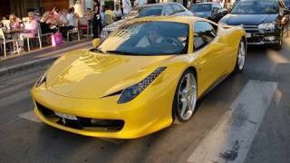 Yellow Ferrari 458 Italia driving in Cannes [upl. by Ikoek]