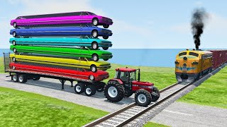 Double Flatbed Trailer Truck vs Speedbumps Train vs Cars  Tractor vs Train BeamngDrive 050 [upl. by Duval]