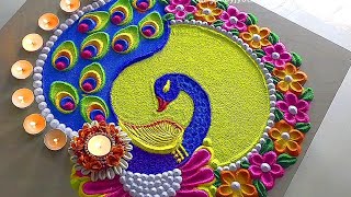 Very Easy Peacock Rangoli Designs  Diwali Rangoli Navratri  Part 12 [upl. by Goth]