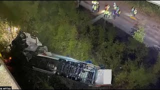 Lorry falls off Thelwall Viaduct with M6 motorway closed [upl. by Bryanty674]