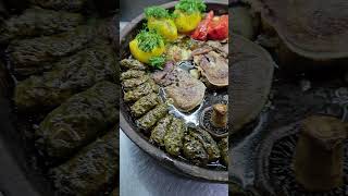 Mushroom stuffed vine leaves potatoes tomatoes lamb chops [upl. by Walrath14]