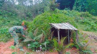 Building a hut spherical shelter inside and outside weaving herbs and branches Amazing Shelter [upl. by Elleinahc]