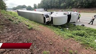 Tractortrailer overturned causing I85 lane closure in Spartanburg County [upl. by Yrad]