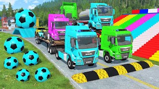 Double Flatbed Trailer Truck vs Speedbumps Train vs Cars  Tractor vs Train BeamngDrive 0195 [upl. by Crofton]