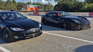 Tesla Model S P85D vs Ferrari F12 14 Mile Drag Racing with Brooks Weisblat [upl. by Nahoj]