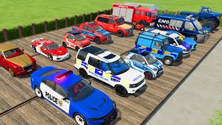 TRANSPORTING CARS AMBULANCE POLICE CARS FIRE TRUCK MONSTER TRUCK OF COLORS WITH TRUCKS  FS 22 [upl. by Sigismundo]