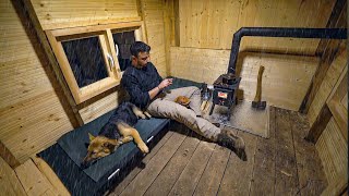 Winter Camping Under the Rain with My Dog in a Wooden Cabin [upl. by Anitsuga]