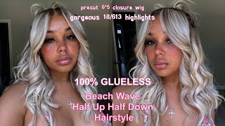 100 Glueless Beach Wave Half Up Half Down Style Glueless Pre Cut 65 Closure Wig ft Arabella Hair [upl. by Tessler]