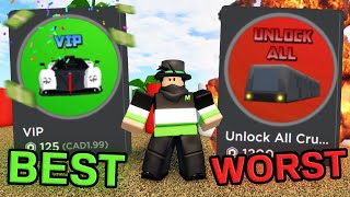 The BEST To WORST Gamepasses To Get In Car Crushers 2 [upl. by Agemo56]