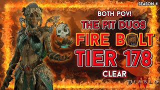 Pit Tier 178 Fire Bolt Sorc amp zDPS Barb Duo Clear Diablo 4  Season 4 [upl. by Dahs]