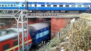 Trains over trains crossing eachother  Avadh express crossing Saryu yamuna express [upl. by Akemor639]