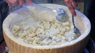 Italian Pasta Drowned in a Huge Parmigiano Cheese Wheel Street Food Seen Near Milano [upl. by Fidelas361]