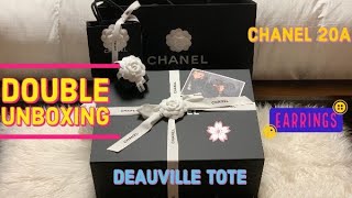 Chanel 20A Collection Double Unboxing Deauville Tote Bag What Fits Inside Paris Button Earrings [upl. by Aihsein]