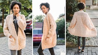 Chunky Crochet Cardigan WITH POCKETS  Beginner Crochet Winter Sweater Free Pattern  DIY Tutorial [upl. by Yauqaj]