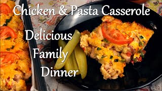 CHICKEN and PASTA CASSEROLE with VEGETABLES and DILL PICKLE GARNISH FAMILY DINNER POTLUCK [upl. by Lynnea]