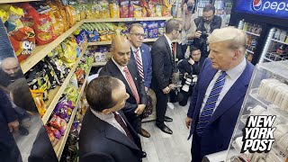 Trump visits bodega where clerk was hit with murder charge for stabbing an excon in selfdefense [upl. by Bartko]