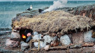 STONE HUT on a Rainy Island 3 Day Survival Camping [upl. by Rofotsirk]