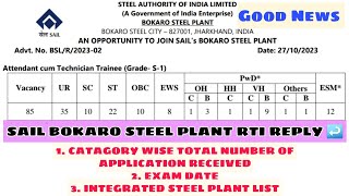 SAIL BOKARO 2023 Recruitment RTI  ADVT BSLR202302  ACTT GRADE S1  TOTAL APPLICATION [upl. by Tigdirb]