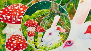 PAINT W ME 🍄 watercolorgouache white rabbit and mushroom painting 🐇  small Christmas chat [upl. by Oaht]