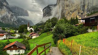 Lauterbrunnen Switzerland  Rainy walk in the most beautiful Swiss village  Fairytale village [upl. by Arawaj]