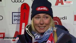 Mikaela Shiffrin 🇺🇸  Flachau women slalom Jan 16 2024 both runs  post race interview sheskis [upl. by Snevets]