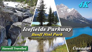 Scenic Icefields Parkway in Banff National Park Lake Louise to Columbia Icefields  Canada 4K [upl. by Nivanod]